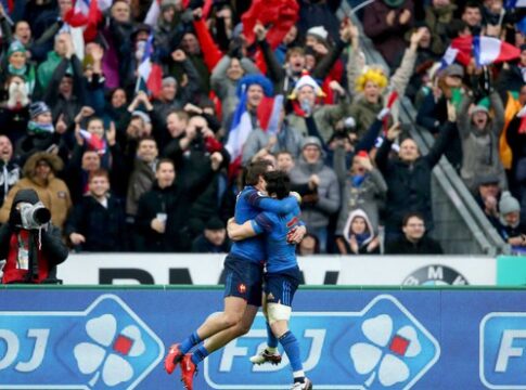 France vs Ireland France's Maxime Medard celebrates his try with Maxime Machenaud Mandatory Credit ©INPHO/Billy Stickland