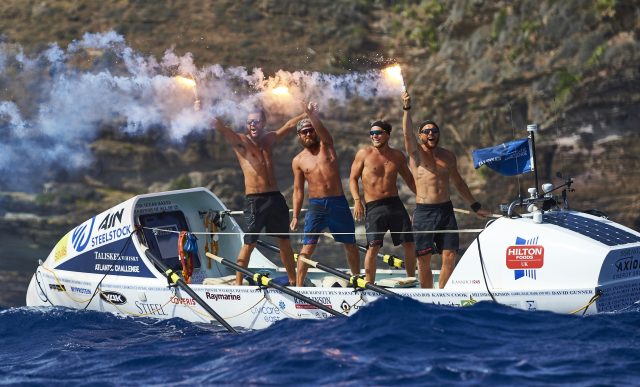 Picture and copyright by Ben Duffy +447891705762 *FREE USAGE*<br /> BRITISH SCHOOL FRIENDS REUNITE TO WIN THE WORLD’S TOUGHEST ROW, THE TALISKER WHISKY ATLANTIC CHALLENGE<br />  <br /> Four Brits, (L to R) Gus Barton (25) Angus Collins (26), Joe Barnett (25), Jack Mayhew (26), Ocean Reunion, have beaten 25 teams from across the world to win the world’s toughest row, the Talisker Whisky Atlantic Challenge.  They have broken the Talisker Whisky Atlantic Challenge record* by completing the gruelling 3,000-mile race in 37 days 9 hours and 12 minutes.  <br /> NOTE - THIS IMAGE WILL NOT INCUR A FEE TO USE