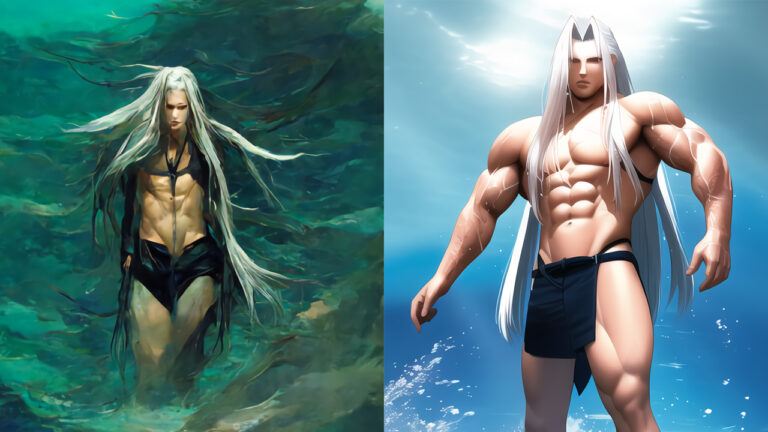 Sephiroth non può essere fatto nuotare dai generatori di immagini dell’IA, ma si erge minaccioso sull’acqua