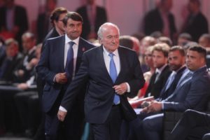 (150725) -- ST.PETERSBURG, July 25, 2015 (Xinhua) -- FIFA's president Sepp Blatter (front) attends the preliminary draw for the 2018 FIFA World Cup at Konstantin Palace in St. Petersburg, Russia July 25, 2015. (Xinhua/Lu Jinbo)