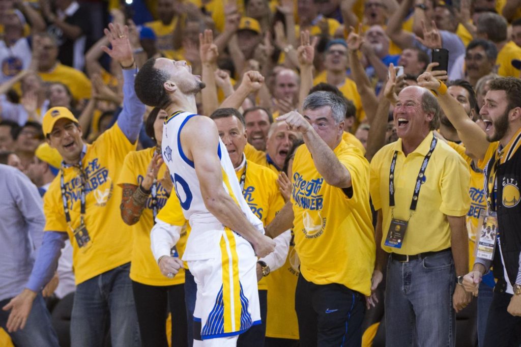 May 30, 2016; Oakland, CA, USA; Golden State Warriors guard Stephen Curry (30) celebrates during the fourth quarter in game seven of the Western conference finals of the NBA Playoffs against the Oklahoma City Thunder at Oracle Arena. The Warriors defeated the Thunder 96-88. Mandatory Credit: Kyle Terada-USA TODAY Sports