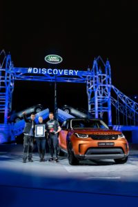 Bear Grylls, Zara Phillips and Sir Ben Ainslie with the new Land Rover D...