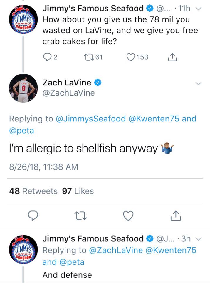 Zach LaVine battibecco social ristorante