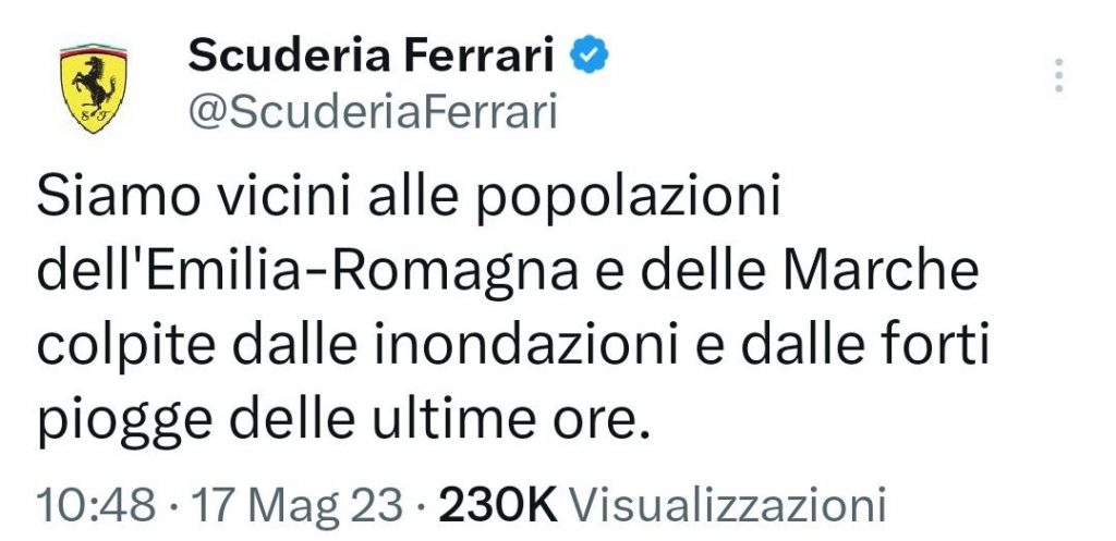 Messaggi Formula 1 Emergenza maltempo Emilia Romagna